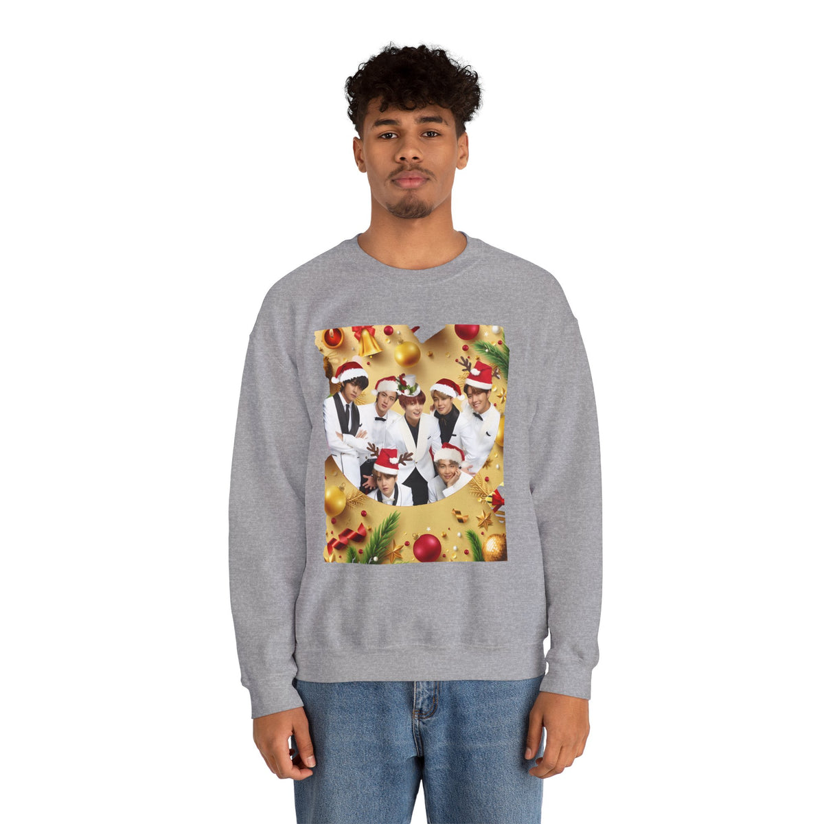 BTS Group Holiday Crewneck Sweatshirt — Festive Santa Hats Photo Design