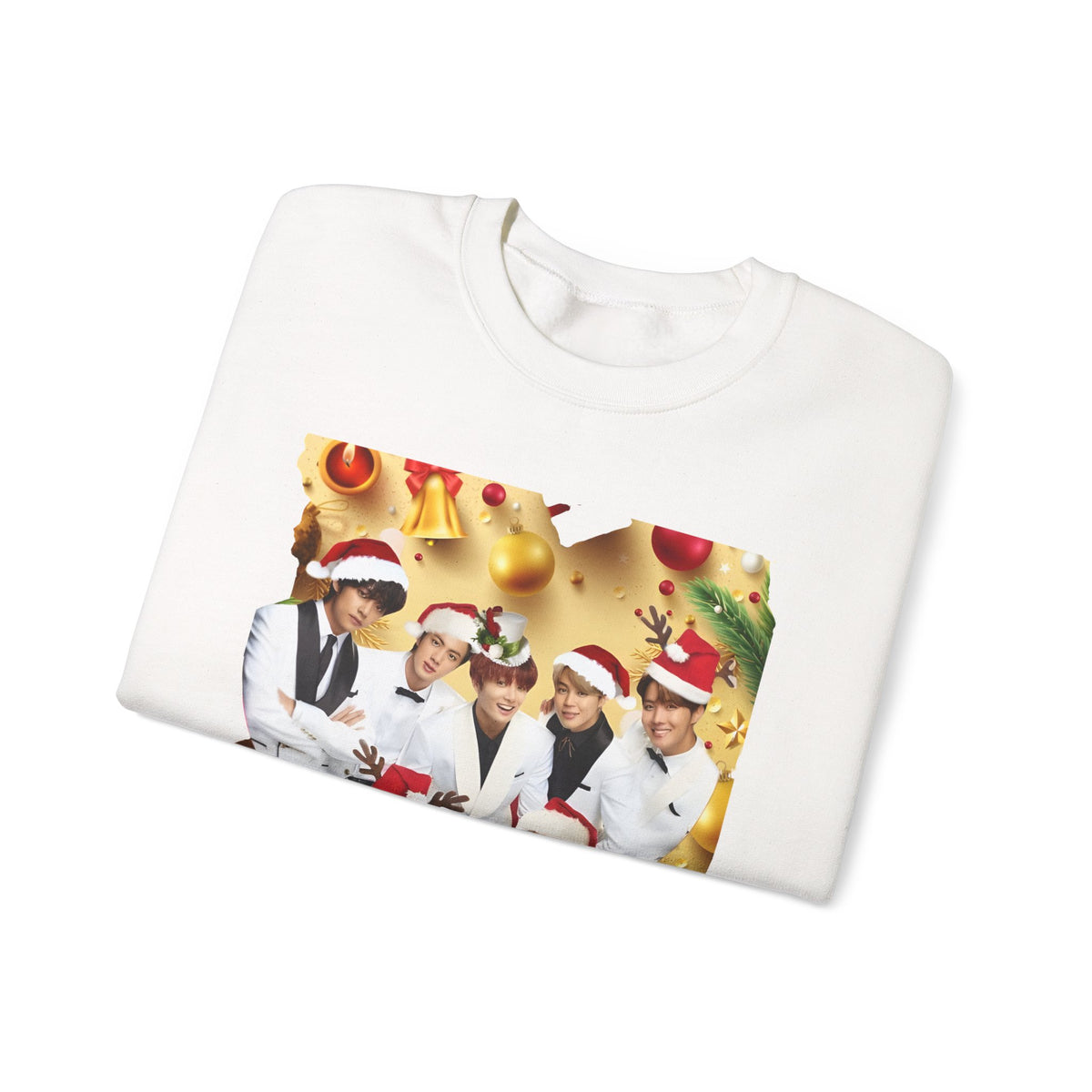 BTS Group Holiday Crewneck Sweatshirt — Festive Santa Hats Photo Design