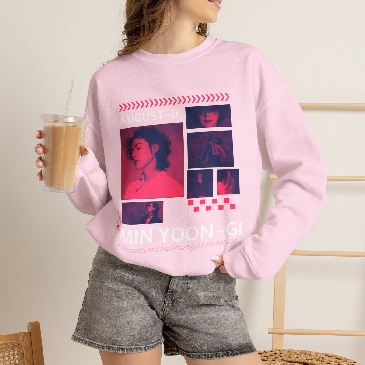 Suga Retro Photo Collage Sweatshirt — Pink Neon Portrait Crewneck