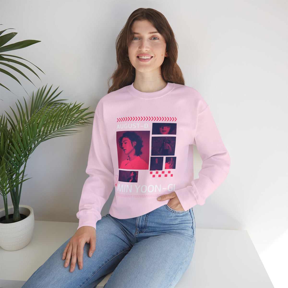 Suga Retro Photo Collage Sweatshirt — Pink Neon Portrait Crewneck