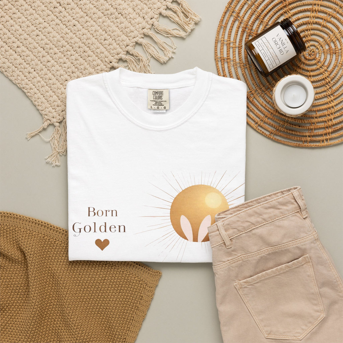 JK Born Golden Tee — Minimal Sun Badge Graphic T-Shirt