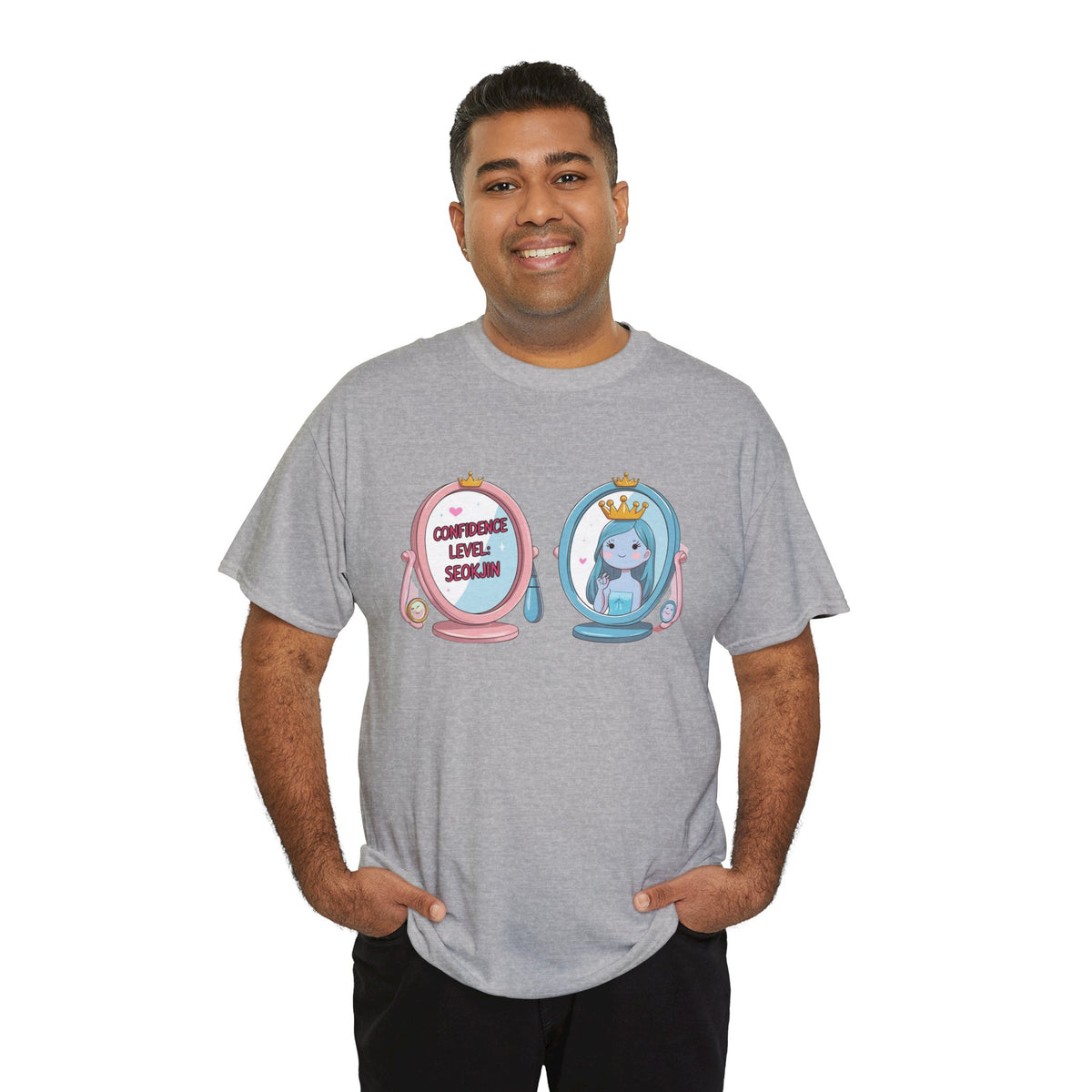 JIN Level Shirt — Cute Pink & Blue Mirrors Graphic Tee ("Comfort Level: Secure")