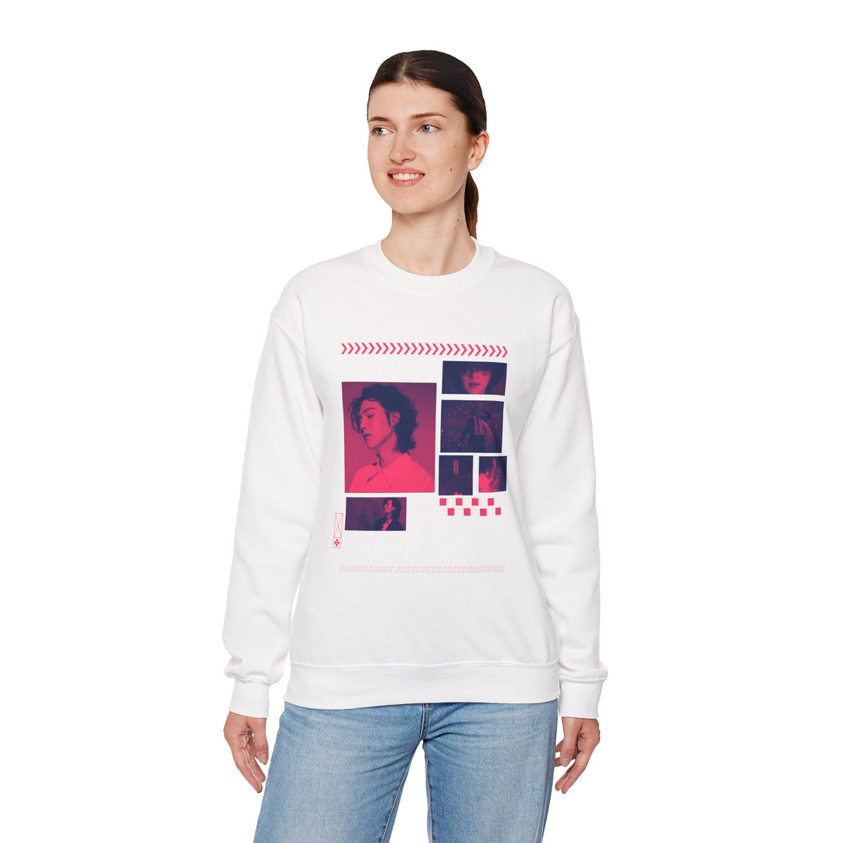 Suga Retro Photo Collage Sweatshirt — Pink Neon Portrait Crewneck