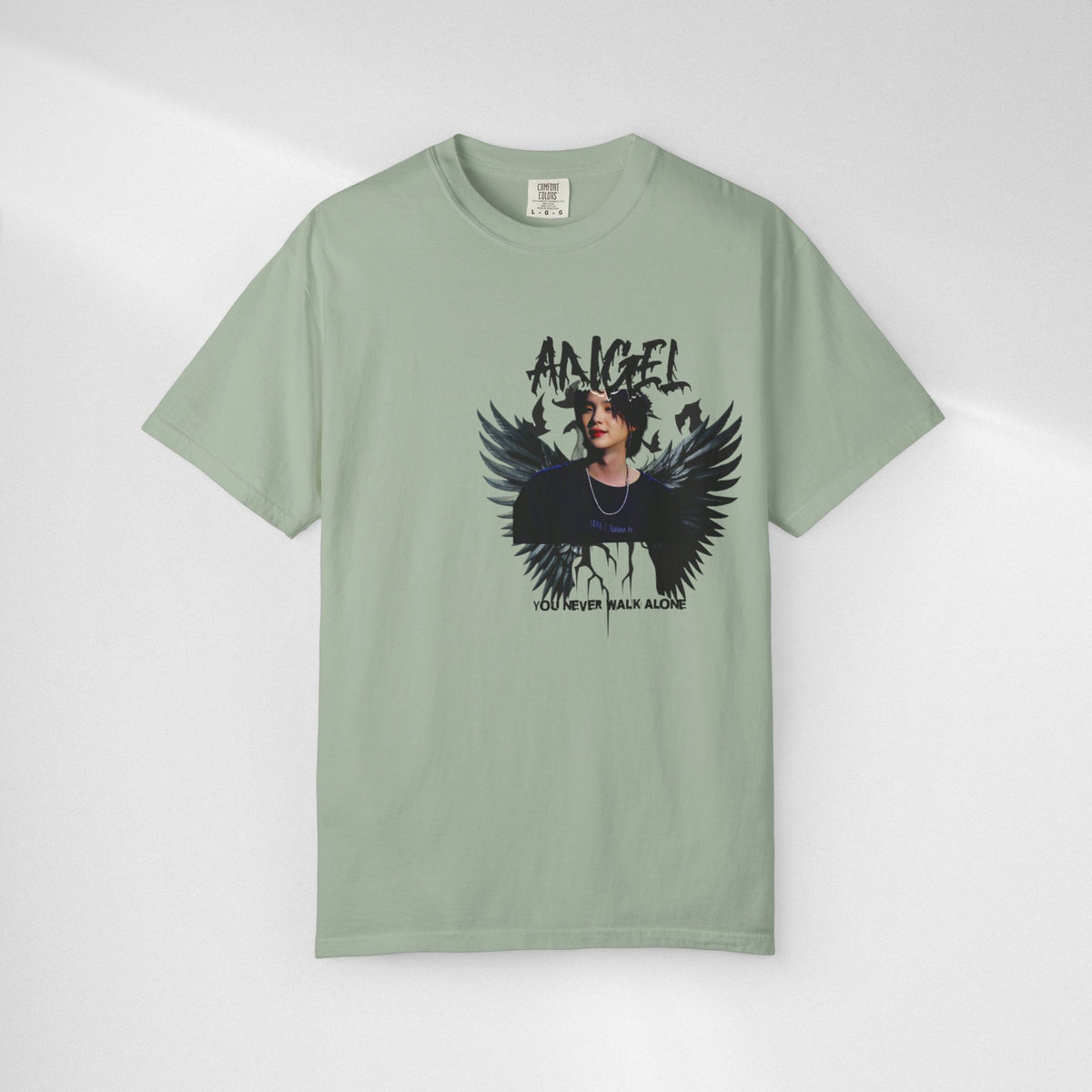 Angel Wings Graphic T-Shirt — 'Angel' Photo Tee with Dark Wing Illustration