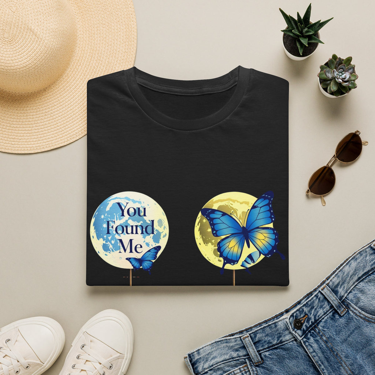 T-Shirt — 'You Found Me' Blue & Yellow Butterfly Graphic