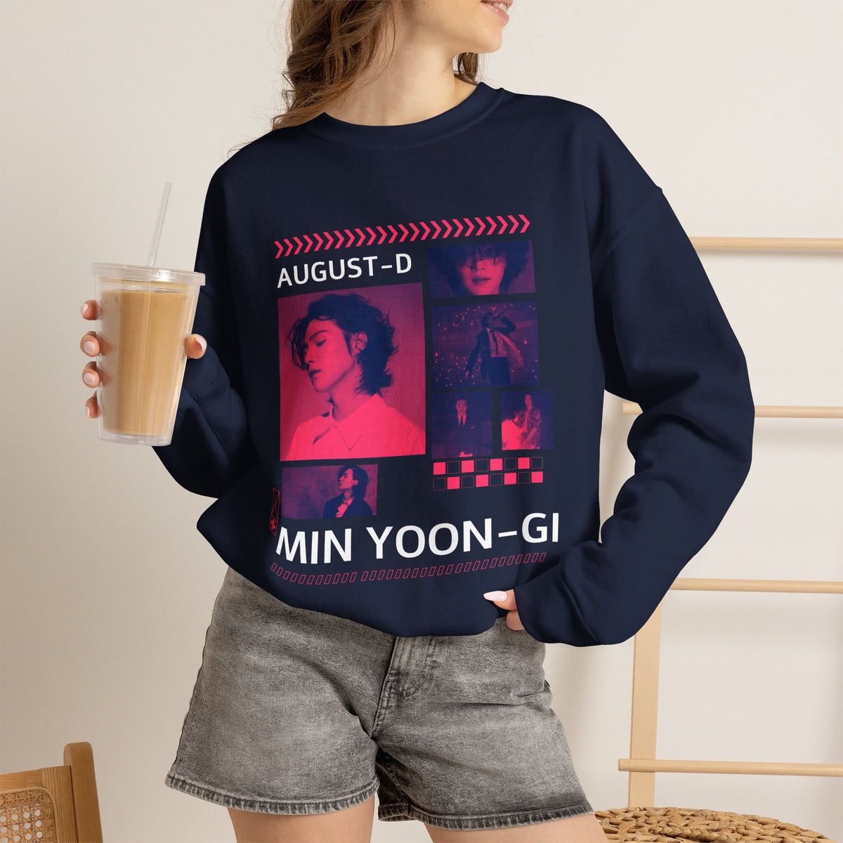 Suga Retro Photo Collage Sweatshirt — Pink Neon Portrait Crewneck