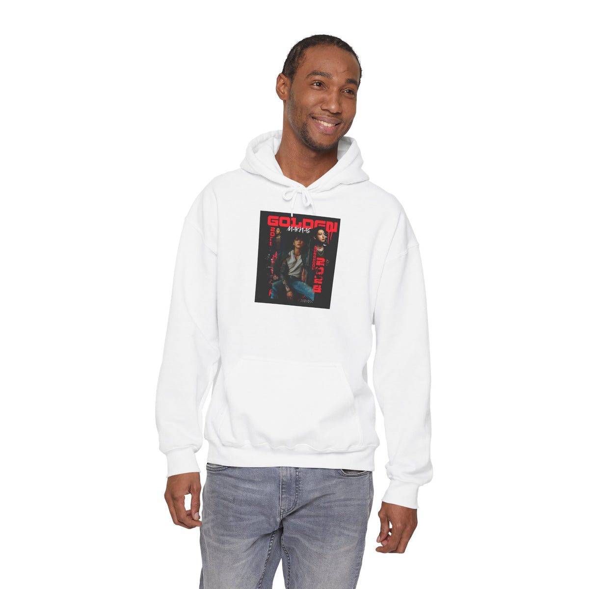 JK Hoodie - 'GOLDEN MAKNAE' Portrait Graphic Hoodie (Red Noir Band Art)