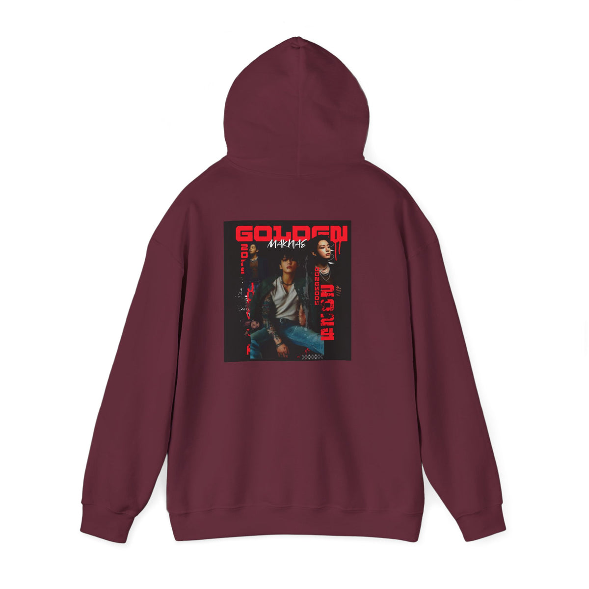 JK Hoodie - 'GOLDEN MAKNAE' Portrait Graphic Hoodie (Red Noir Band Art)
