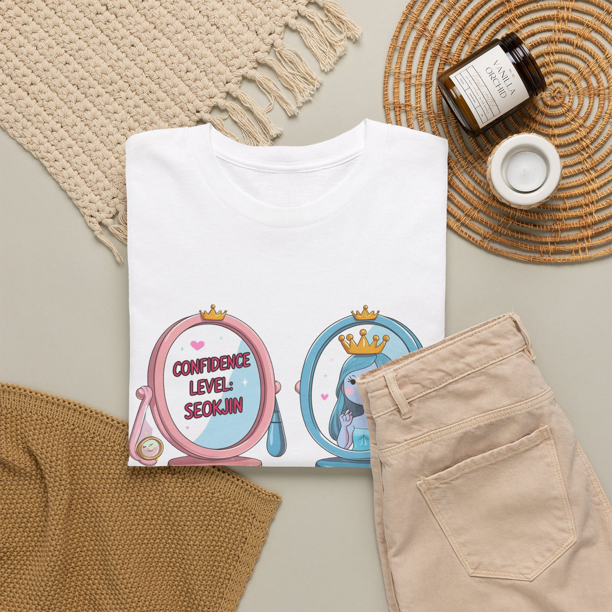 JIN Level Shirt — Cute Pink & Blue Mirrors Graphic Tee ("Comfort Level: Secure")