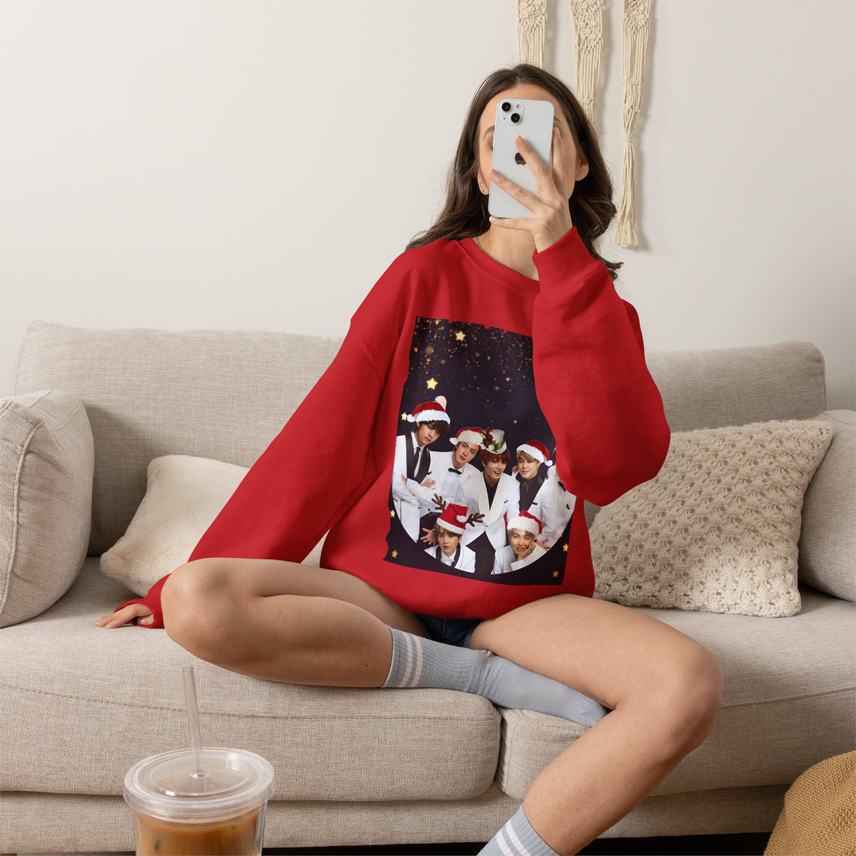 BTS Holiday Crewneck Sweatshirt — Festive Group Photo Design