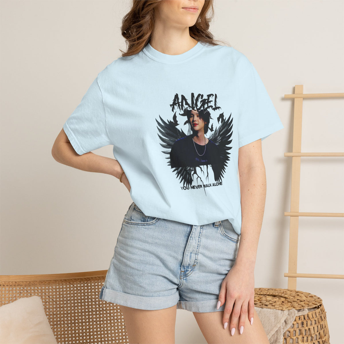 Angel Wings Graphic T-Shirt — 'Angel' Photo Tee with Dark Wing Illustration