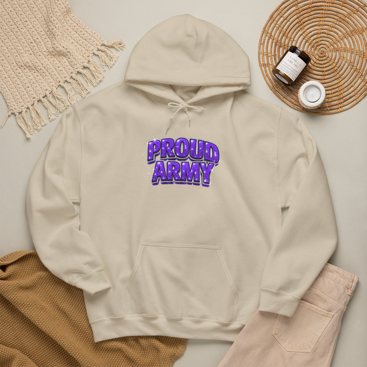 Proud Army Hoodie — Bold Purple Graphic  Pullover