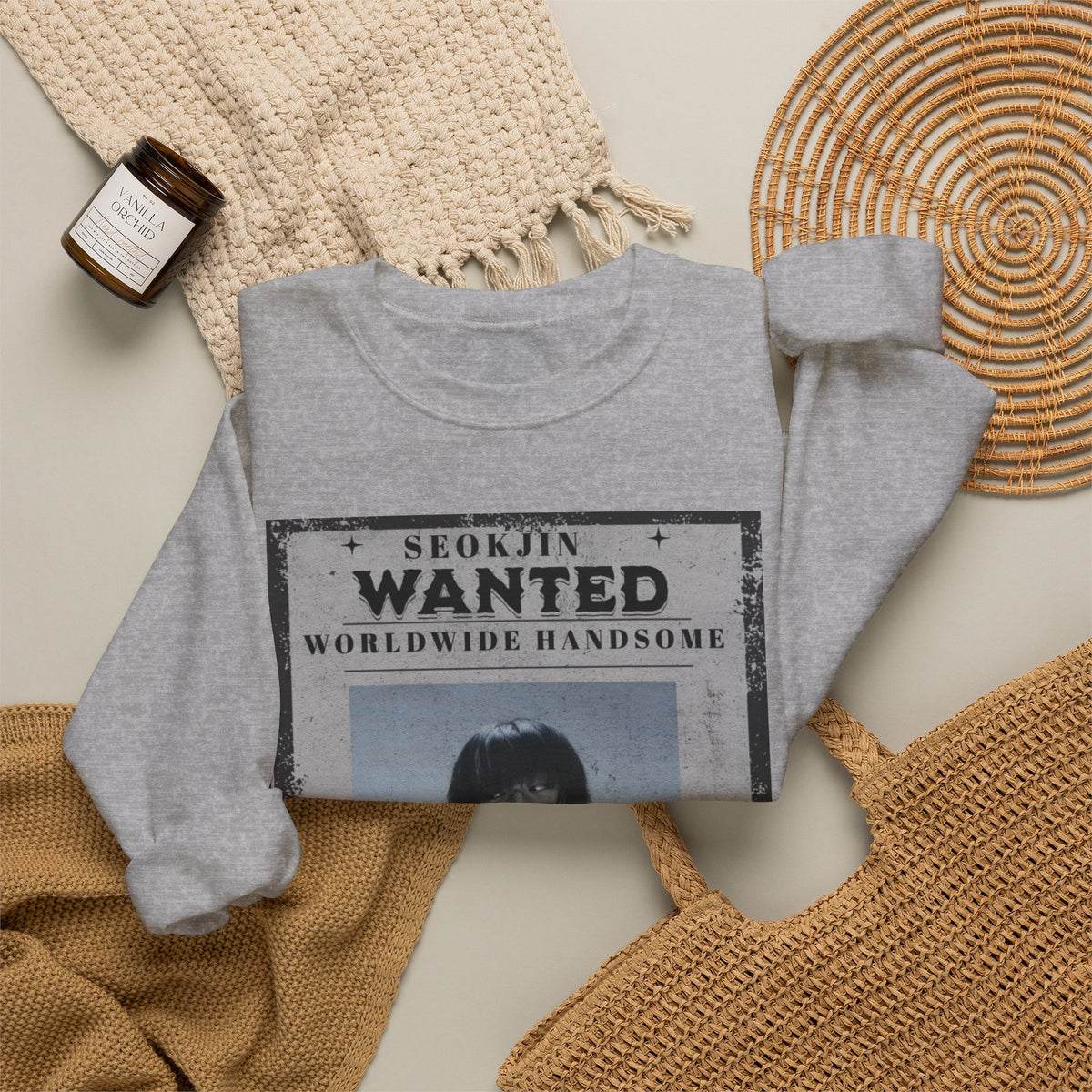 Crewneck Sweatshirt — 'Seojin Wanted: Worldwide Handsome' Vintage Poster Graphic