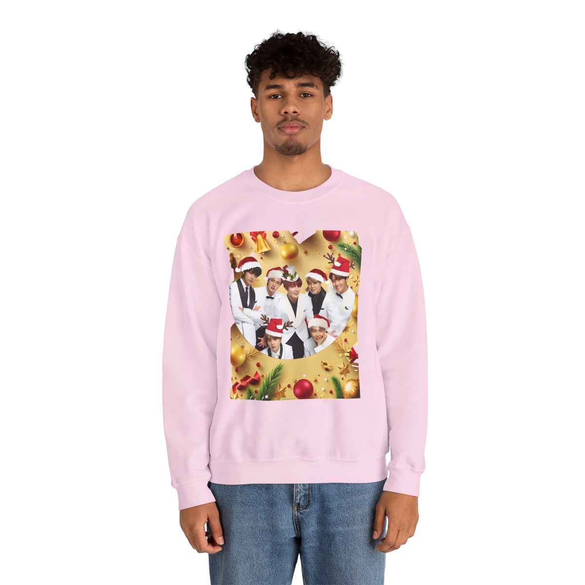 BTS Group Holiday Crewneck Sweatshirt — Festive Santa Hats Photo Design
