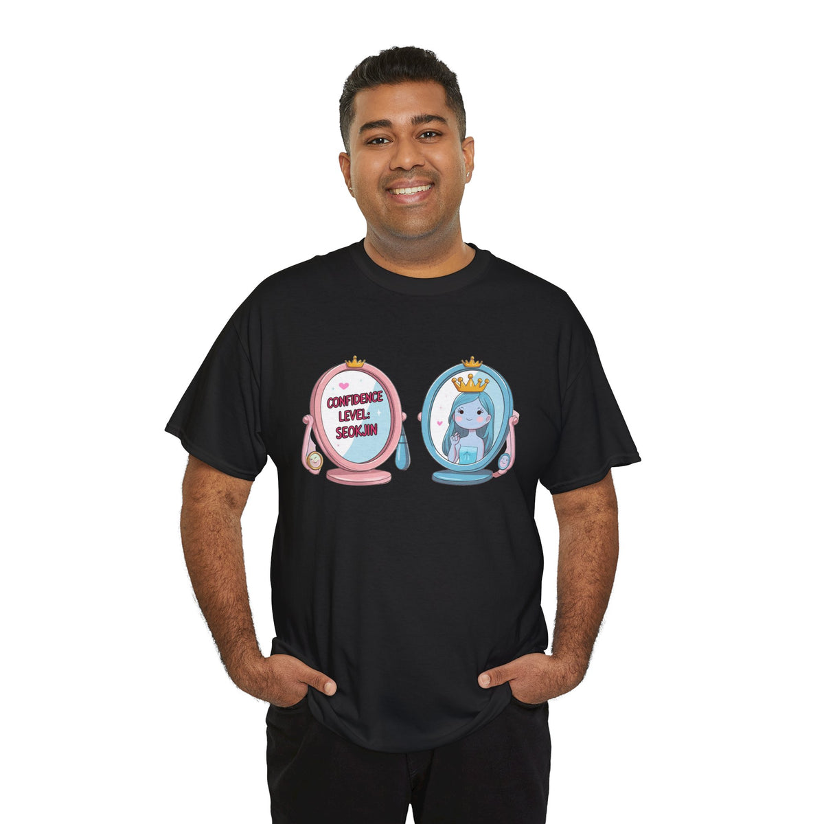 JIN Level Shirt — Cute Pink & Blue Mirrors Graphic Tee ("Comfort Level: Secure")