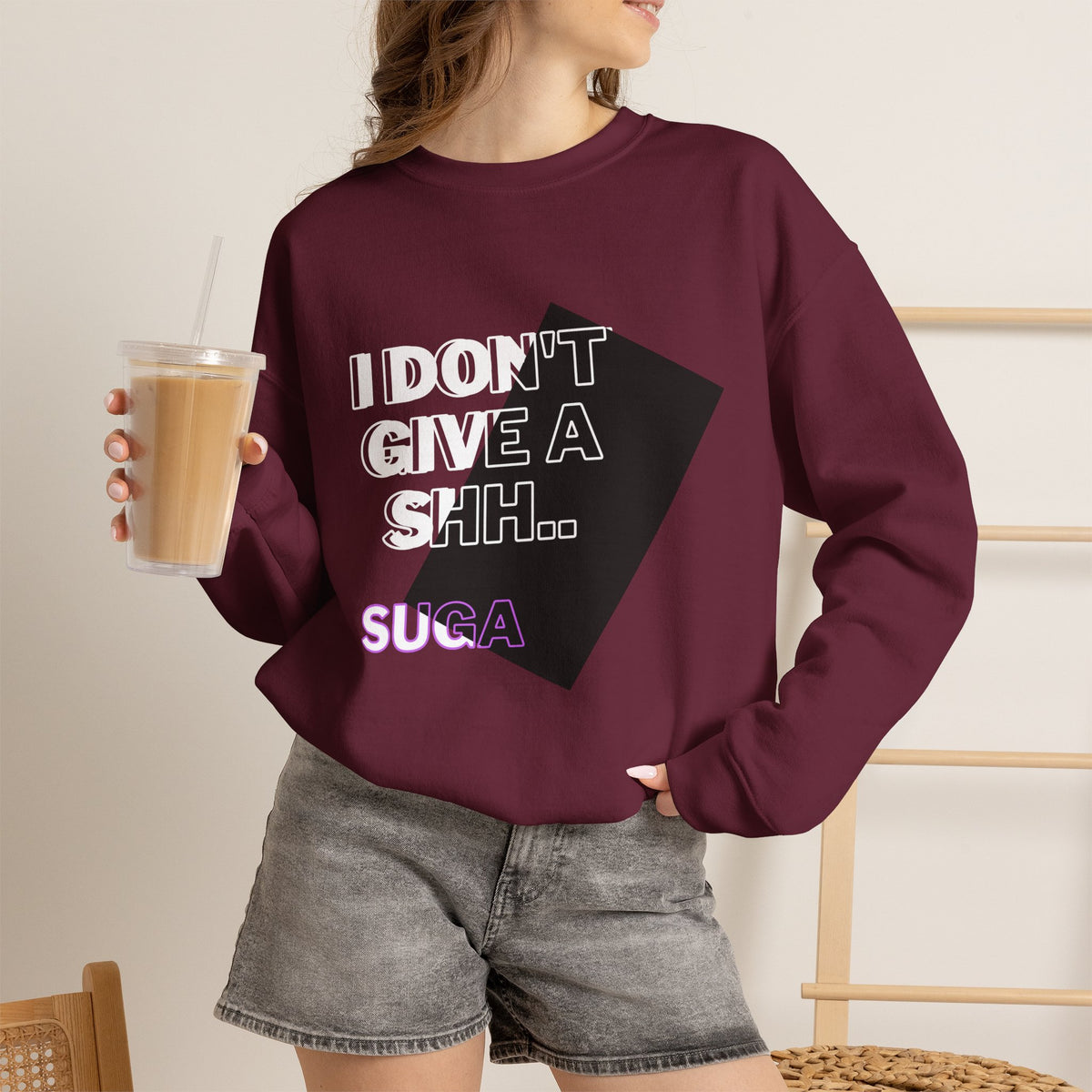 Suga Fan Crewneck Sweatshirt — "I Don't Give A Shh... Suga" Graphic