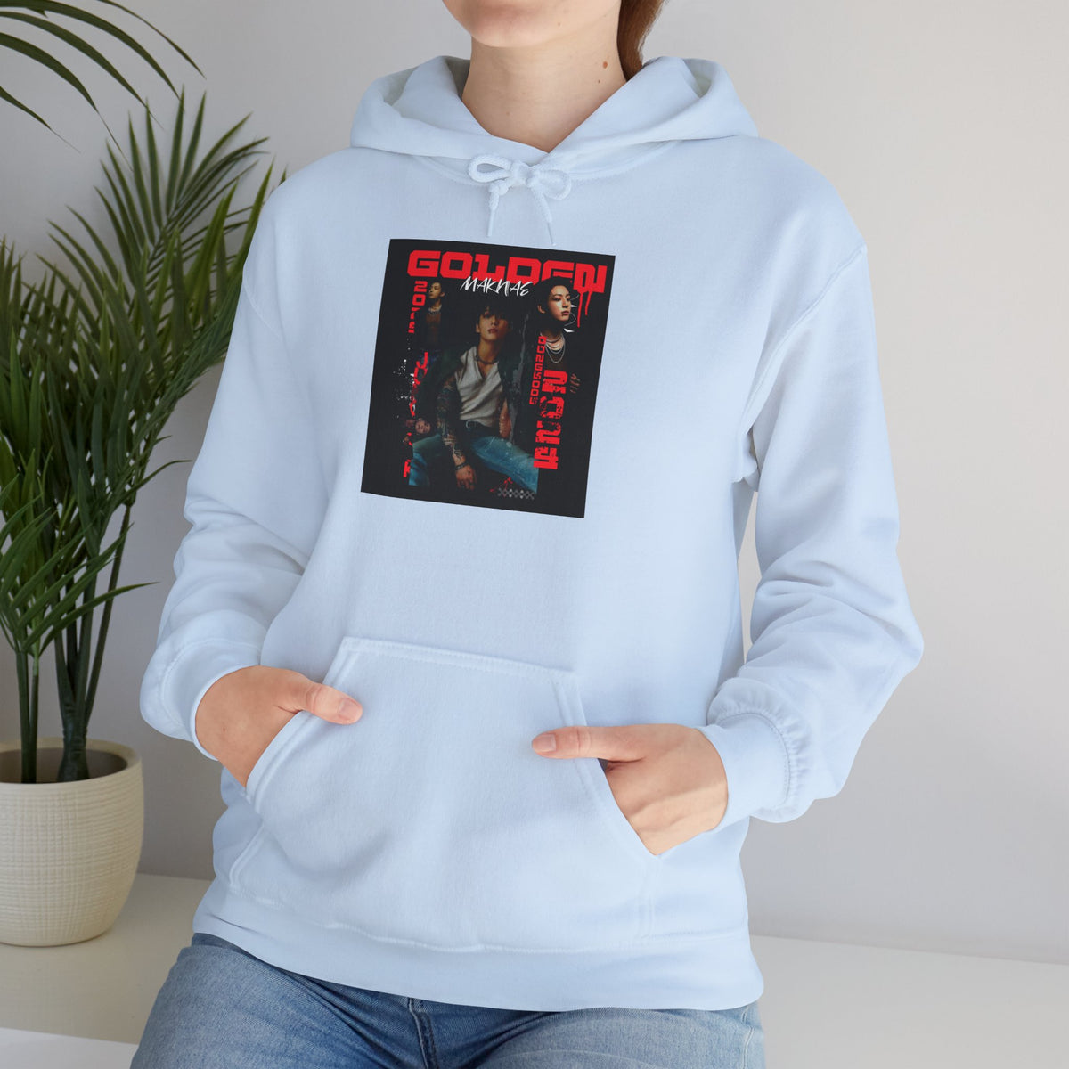 JK Hoodie - 'GOLDEN MAKNAE' Portrait Graphic Hoodie (Red Noir Band Art)