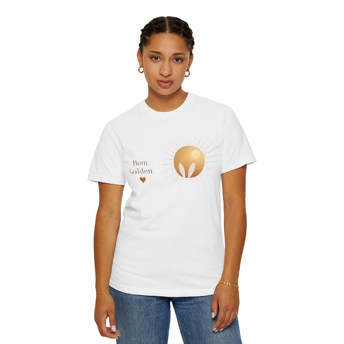 JK Born Golden Tee — Minimal Sun Badge Graphic T-Shirt