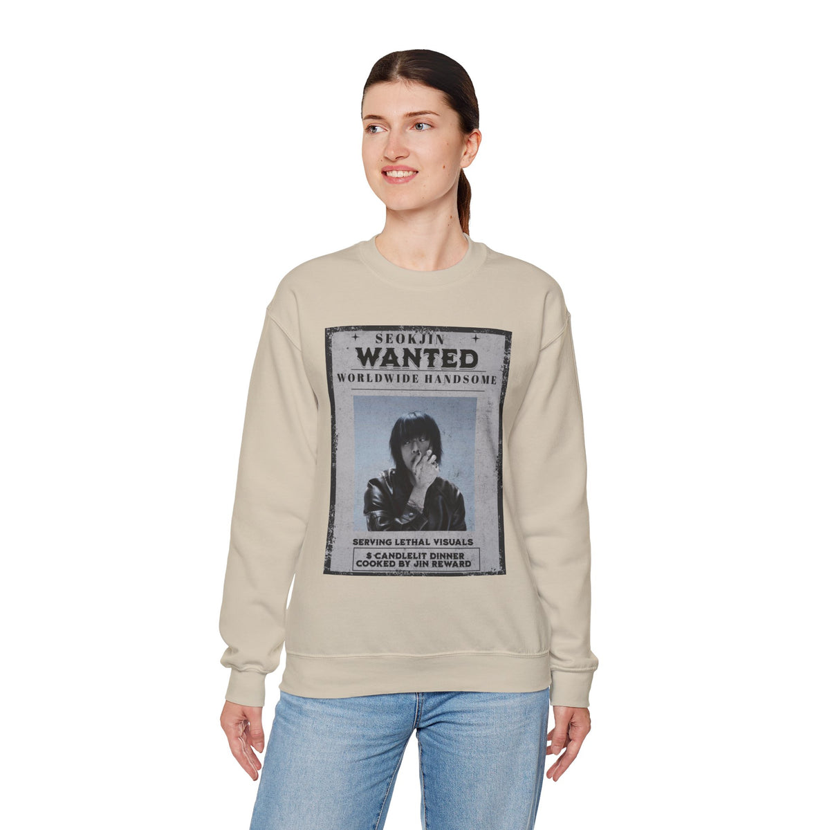 Crewneck Sweatshirt — 'Seojin Wanted: Worldwide Handsome' Vintage Poster Graphic