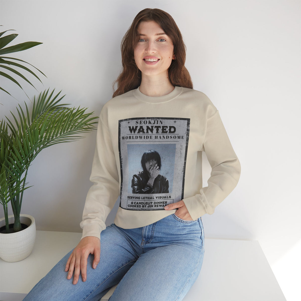 Crewneck Sweatshirt — 'Seojin Wanted: Worldwide Handsome' Vintage Poster Graphic
