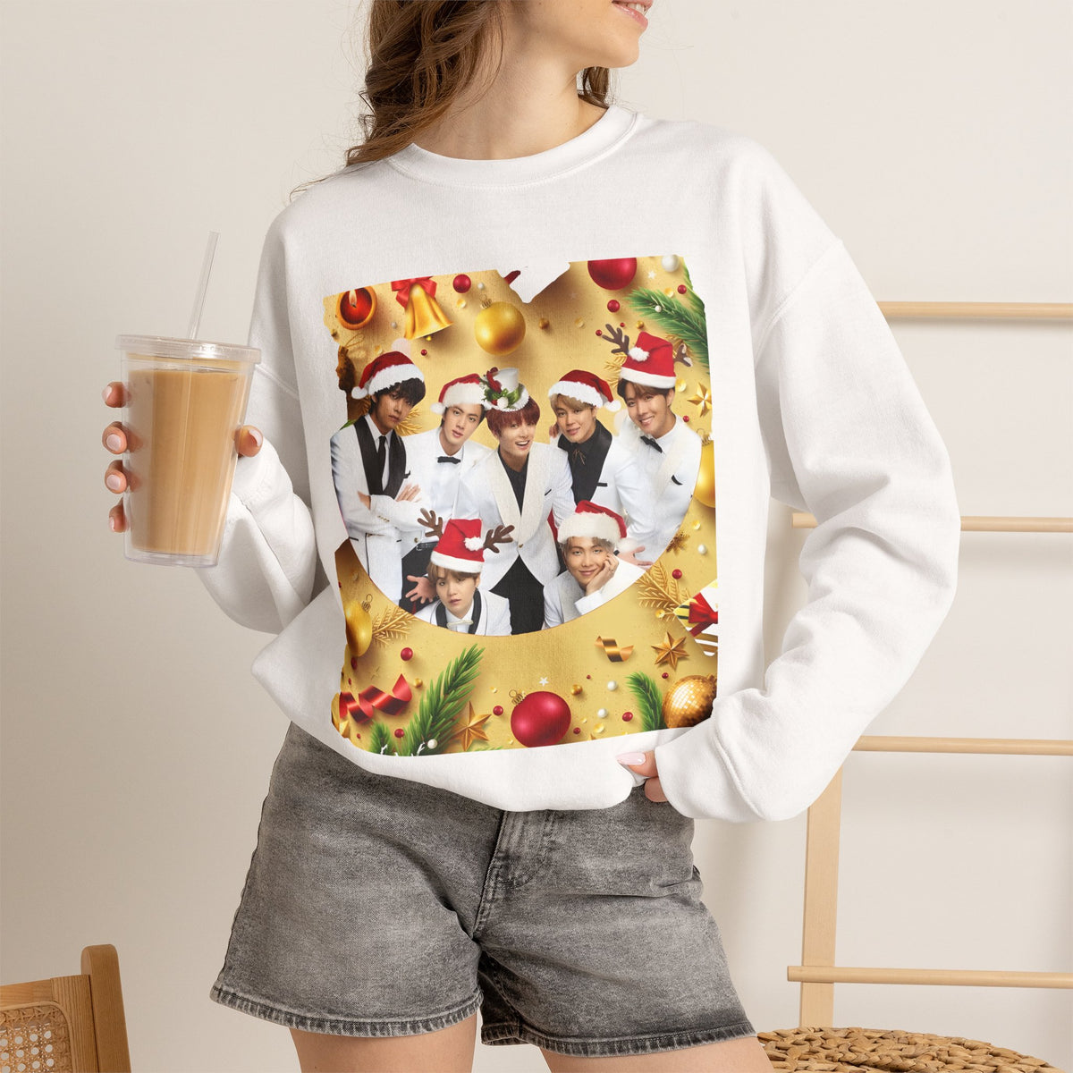 BTS Group Holiday Crewneck Sweatshirt — Festive Santa Hats Photo Design