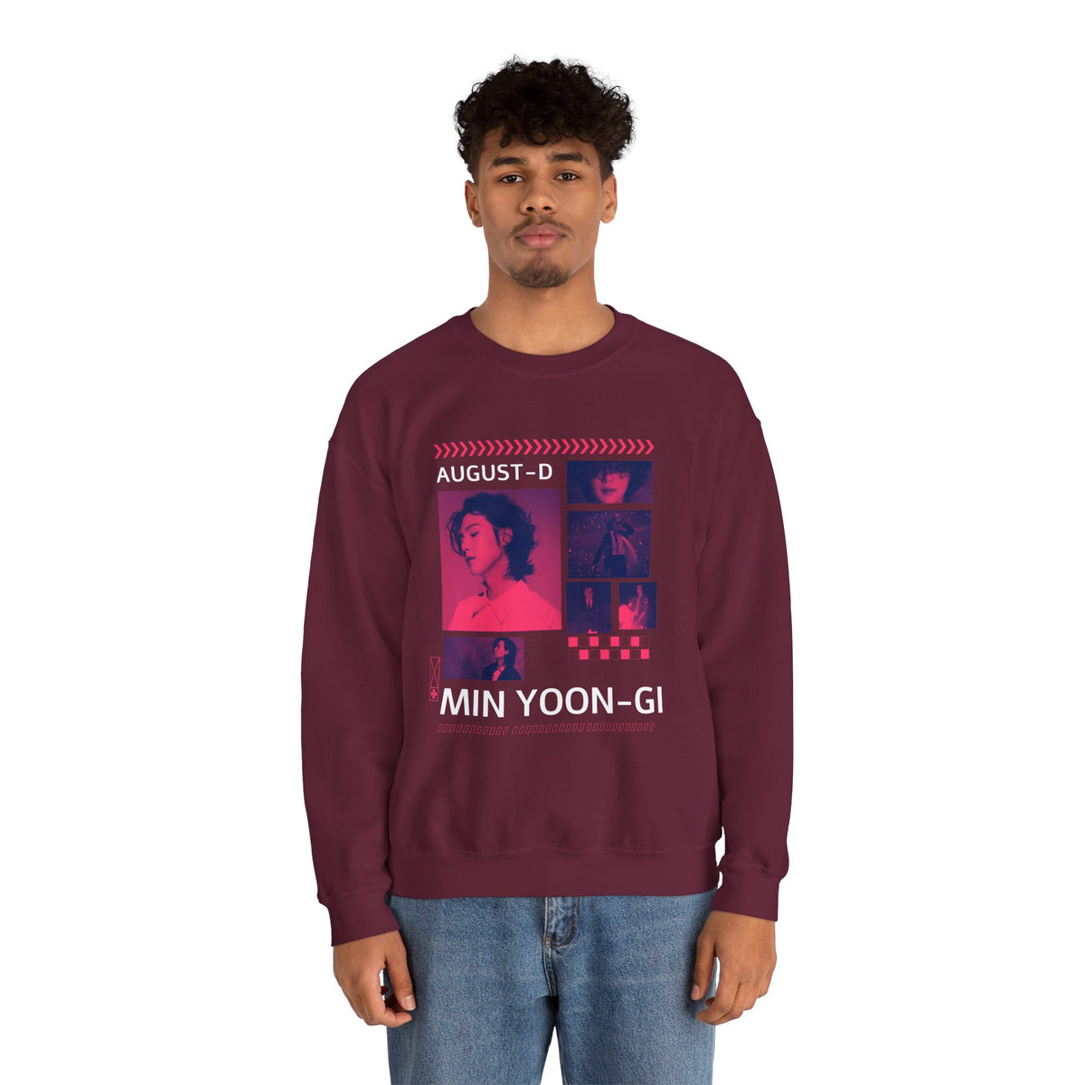 Suga Retro Photo Collage Sweatshirt — Pink Neon Portrait Crewneck