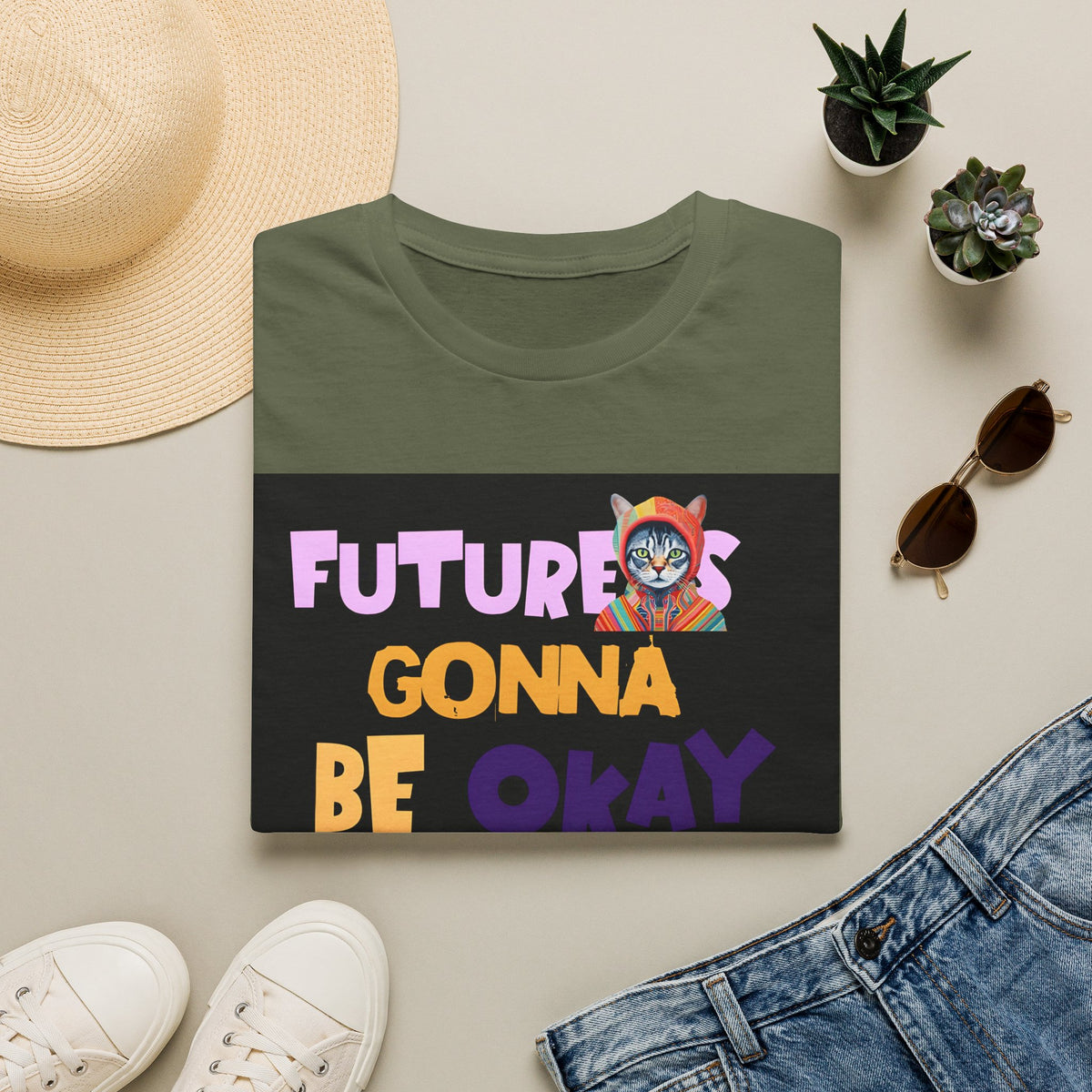T-Shirt — “Future’s Gonna Be Okay” Positive Cat Graphic Tee