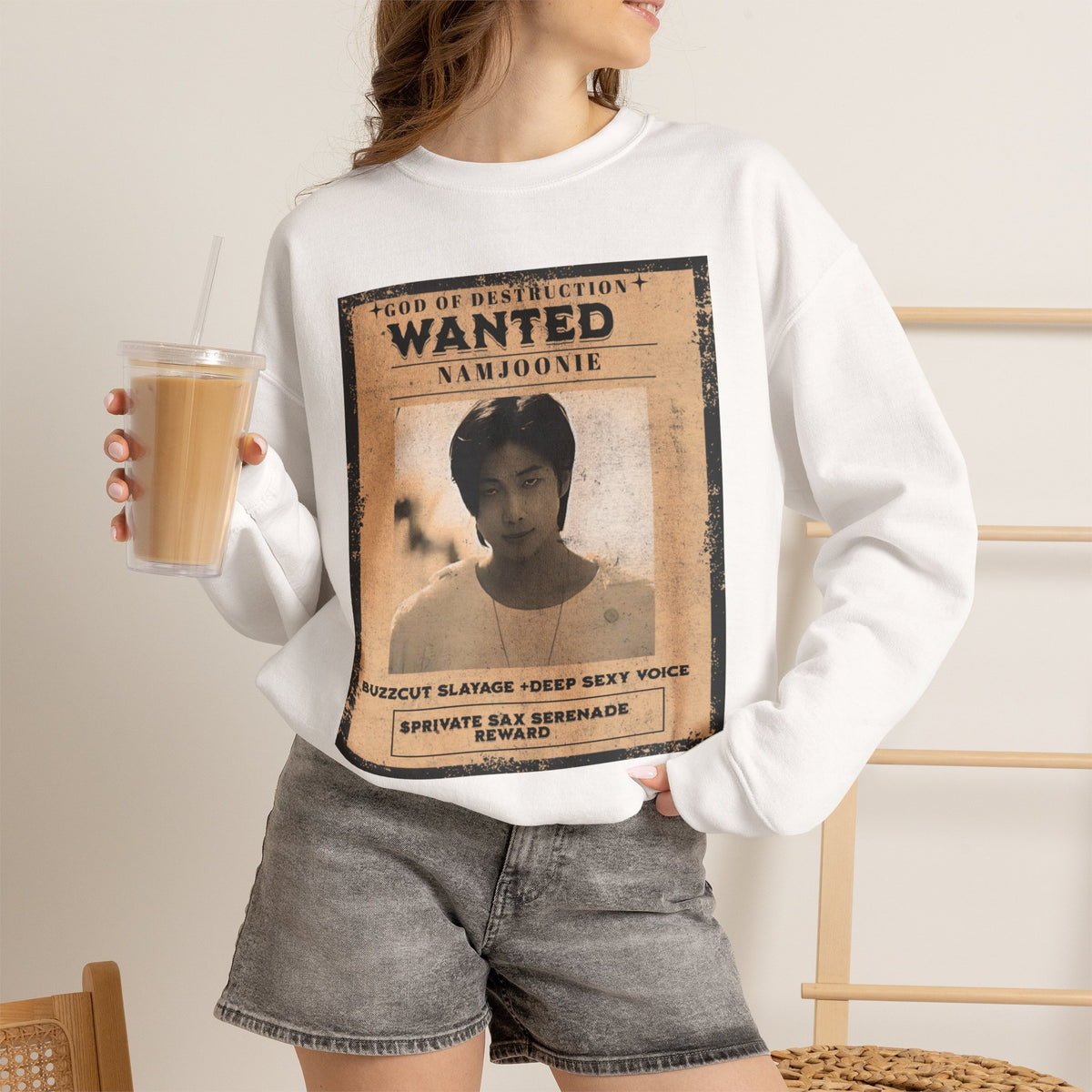 Wanted Poster Crewneck Sweatshirt — 'Wanted: Namjoonie' Vintage K-Pop Graphic