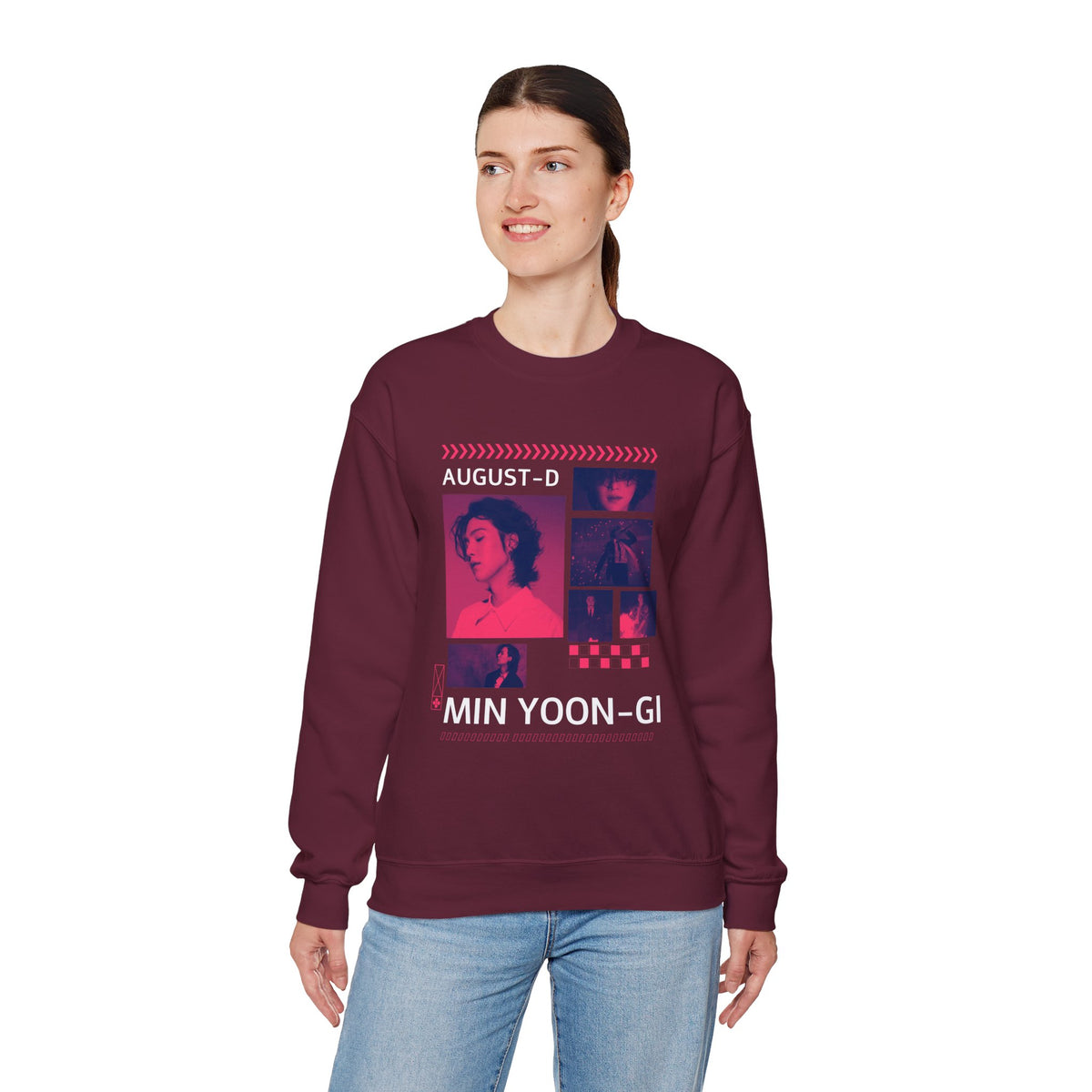 Suga Retro Photo Collage Sweatshirt — Pink Neon Portrait Crewneck