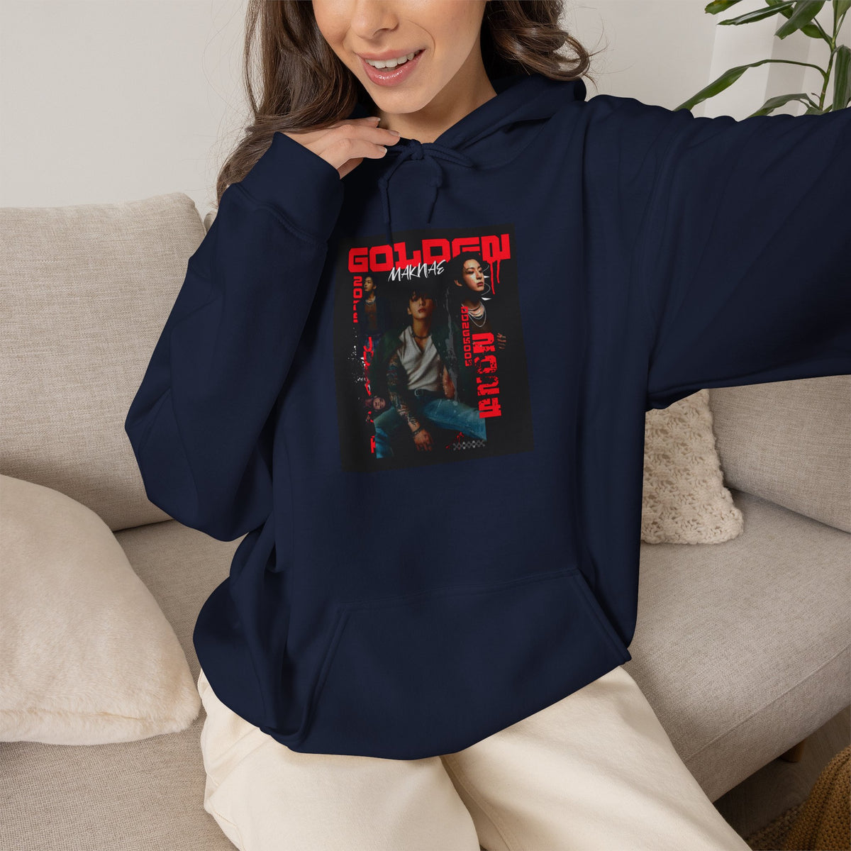 JK Hoodie - 'GOLDEN MAKNAE' Portrait Graphic Hoodie (Red Noir Band Art)