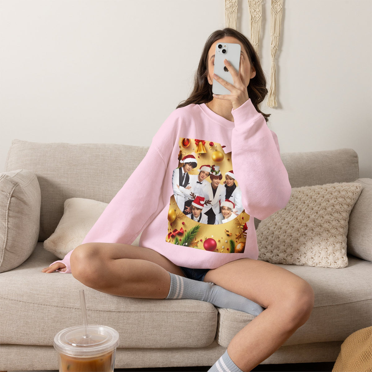 BTS Group Holiday Crewneck Sweatshirt — Festive Santa Hats Photo Design