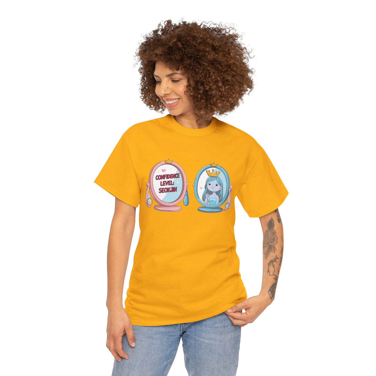 JIN Level Shirt — Cute Pink & Blue Mirrors Graphic Tee ("Comfort Level: Secure")
