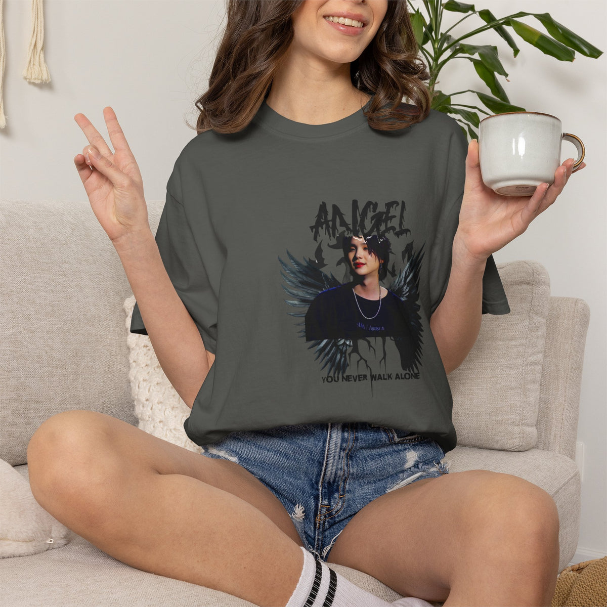 Angel Wings Graphic T-Shirt — 'Angel' Photo Tee with Dark Wing Illustration