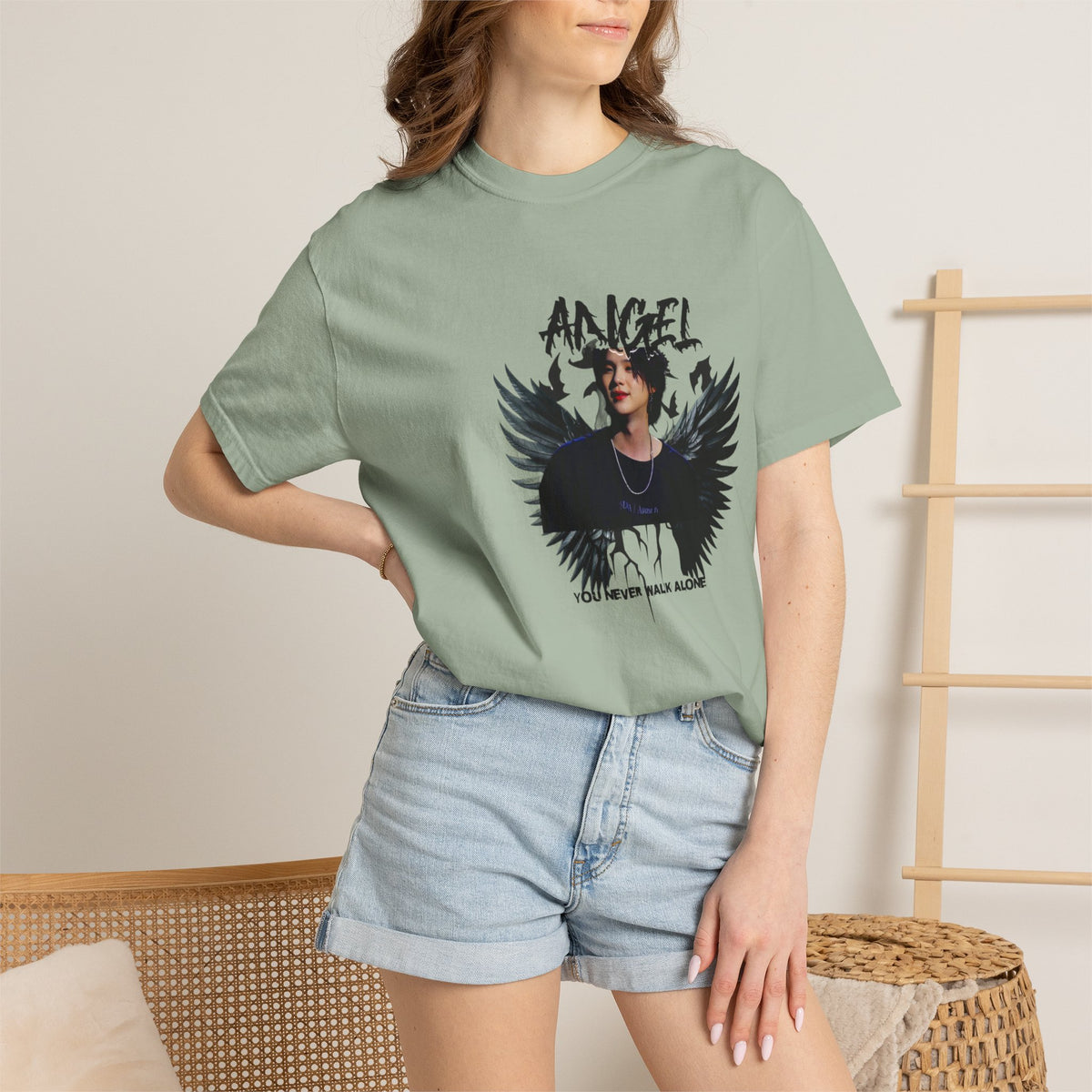 Angel Wings Graphic T-Shirt — 'Angel' Photo Tee with Dark Wing Illustration