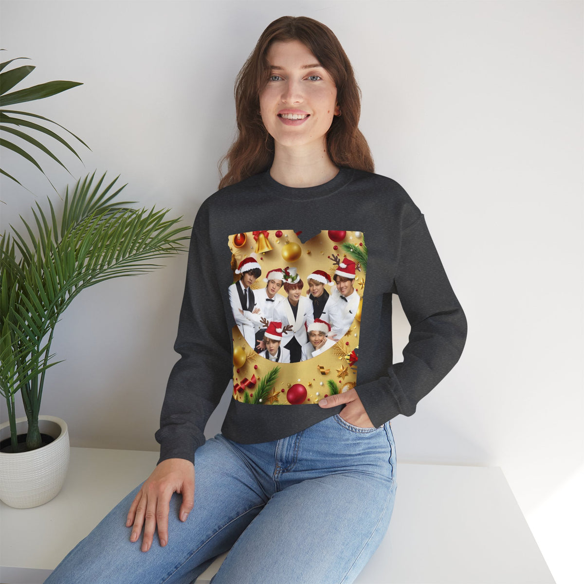 BTS Group Holiday Crewneck Sweatshirt — Festive Santa Hats Photo Design