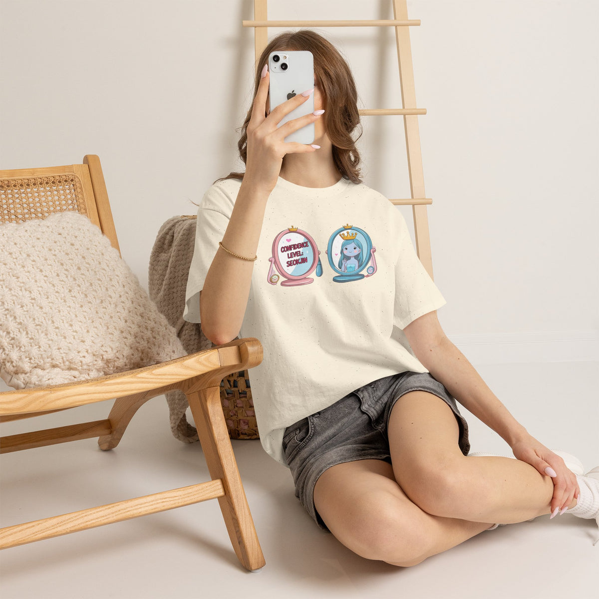 JIN Level Shirt — Cute Pink & Blue Mirrors Graphic Tee ("Comfort Level: Secure")