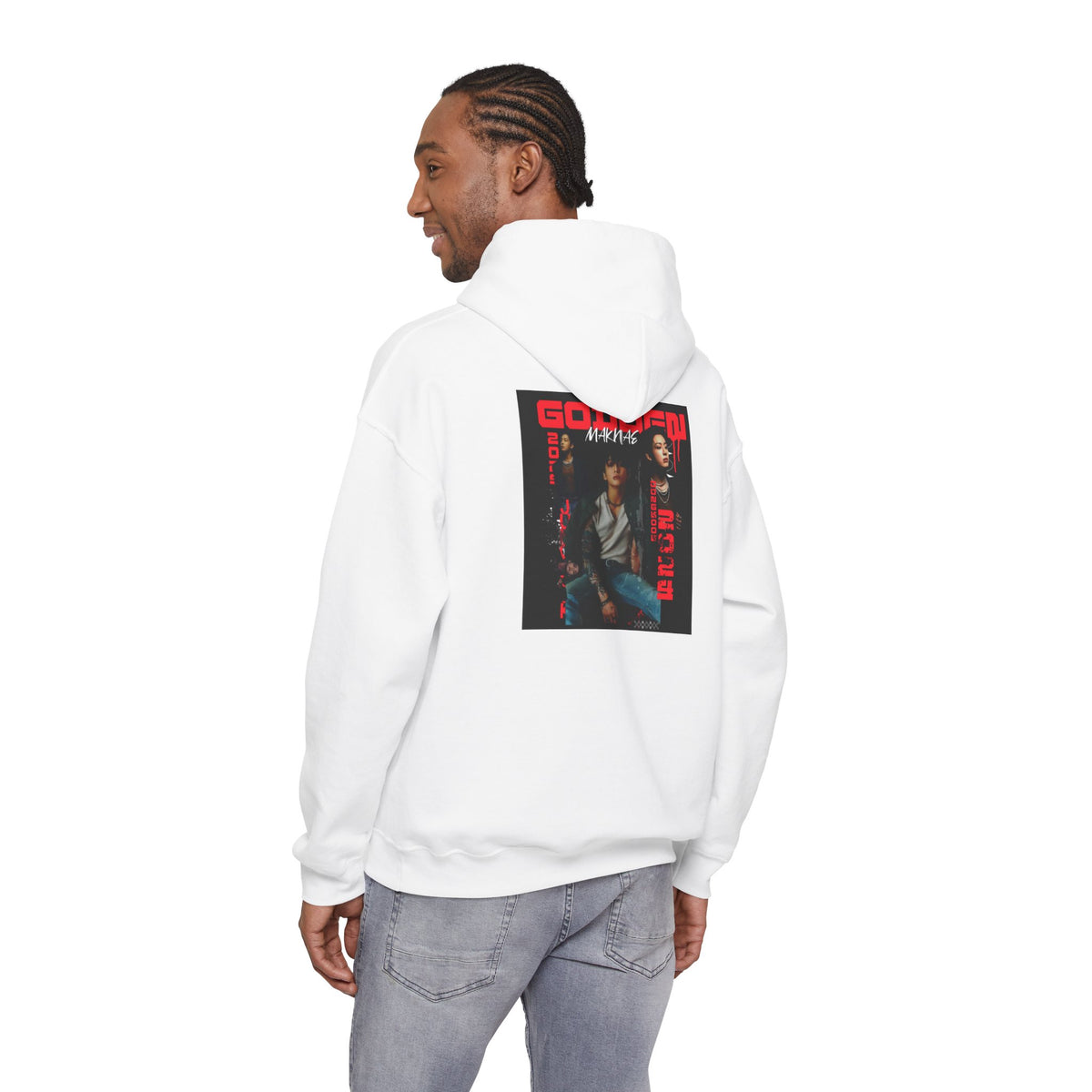 JK Hoodie - 'GOLDEN MAKNAE' Portrait Graphic Hoodie (Red Noir Band Art)