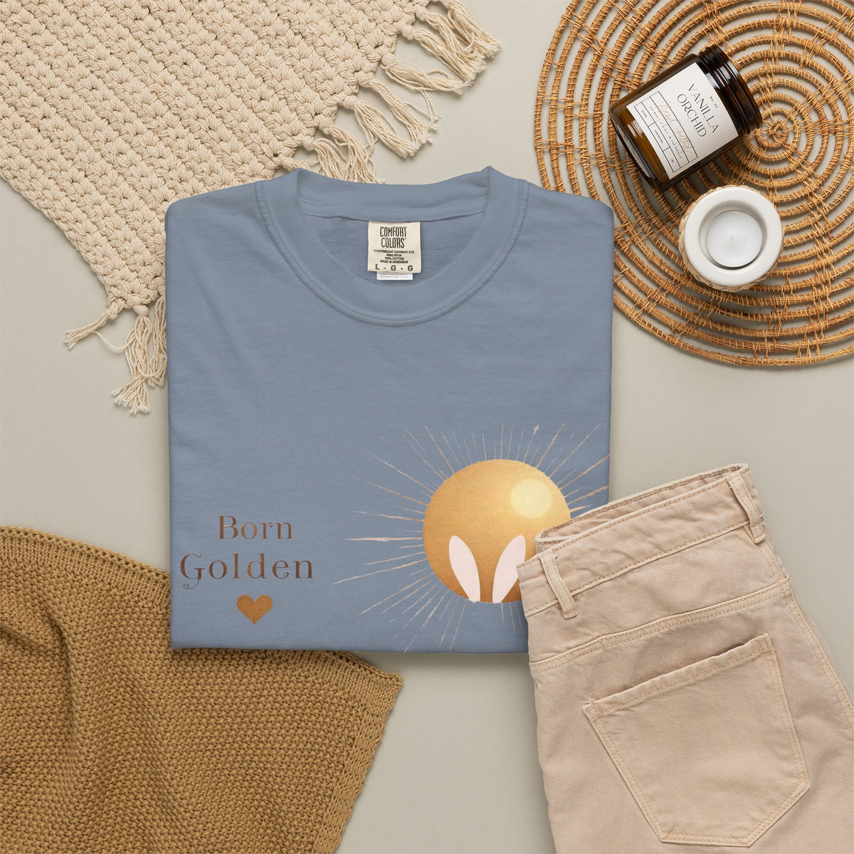 JK Born Golden Tee — Minimal Sun Badge Graphic T-Shirt
