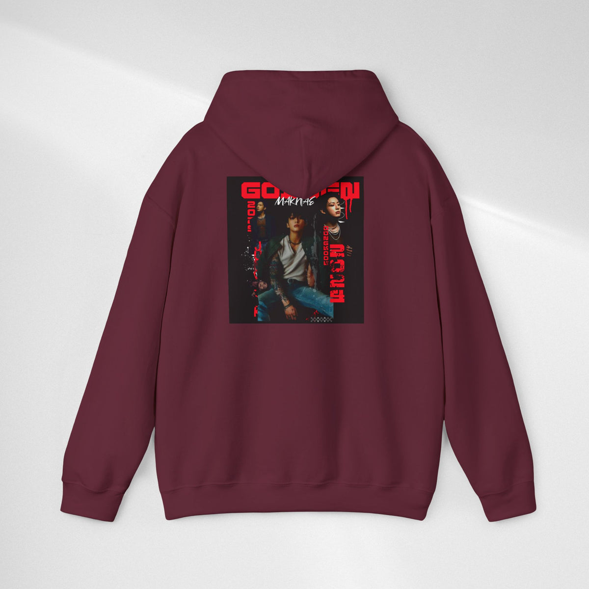 JK Hoodie - 'GOLDEN MAKNAE' Portrait Graphic Hoodie (Red Noir Band Art)