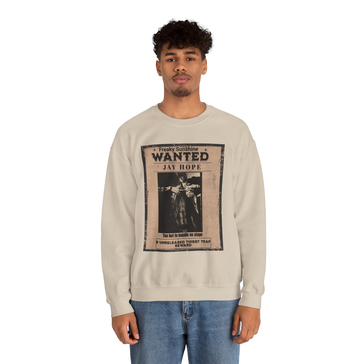 Wanted Poster Crewneck Sweatshirt – 'Freaky Sunshine: WANTED Jay Hope' Retro Graphic