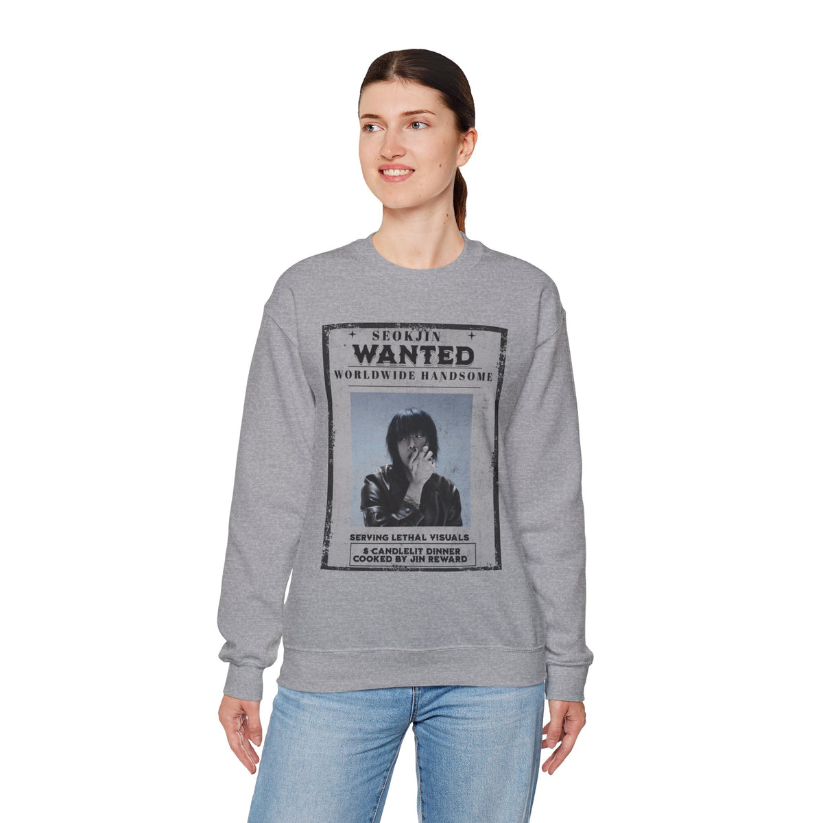 Crewneck Sweatshirt — 'Seojin Wanted: Worldwide Handsome' Vintage Poster Graphic