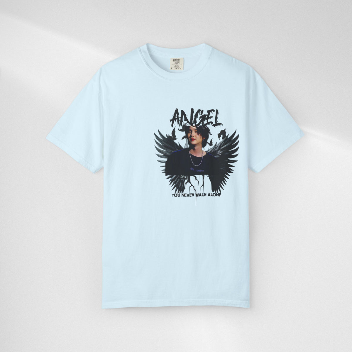 Angel Wings Graphic T-Shirt — 'Angel' Photo Tee with Dark Wing Illustration
