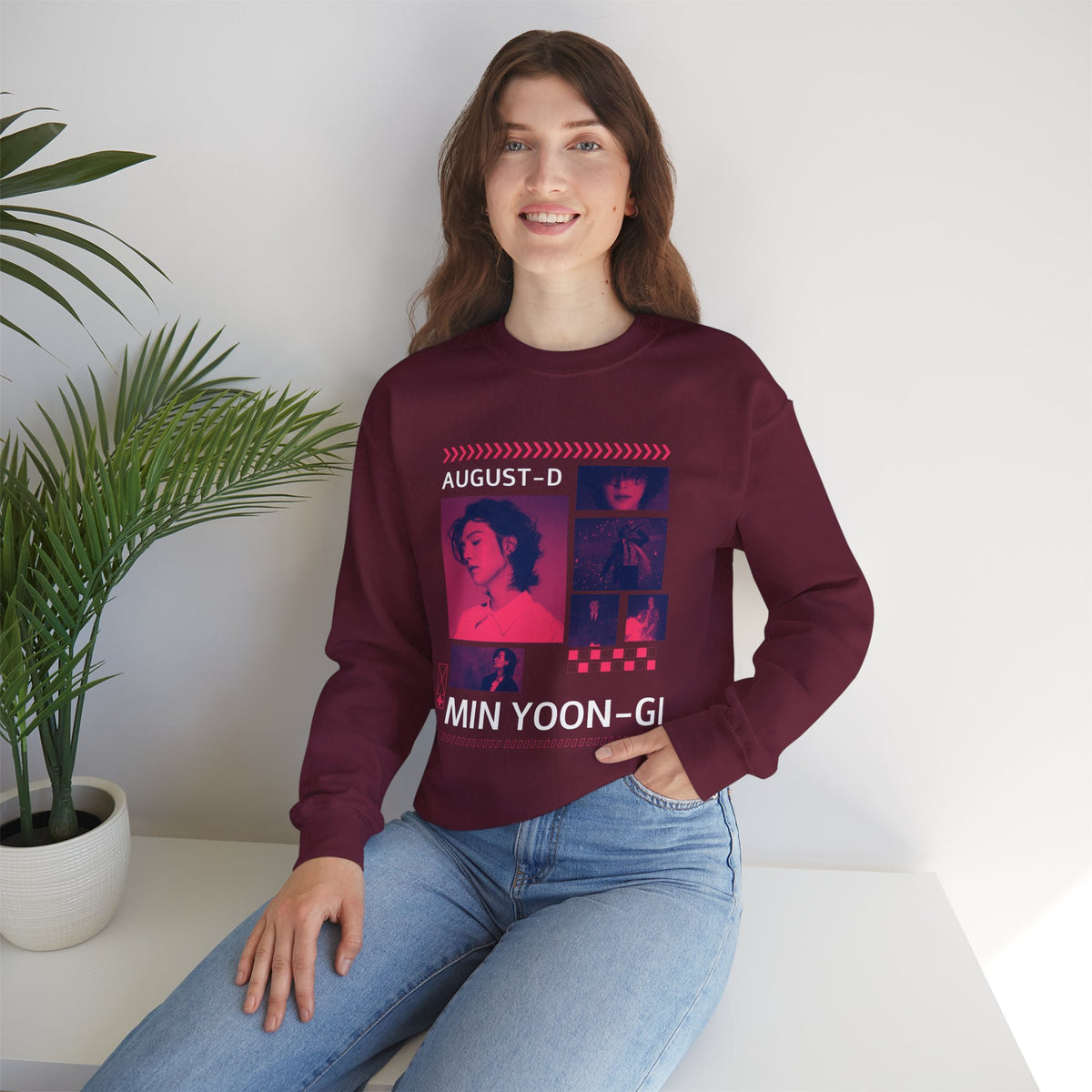 Suga Retro Photo Collage Sweatshirt — Pink Neon Portrait Crewneck