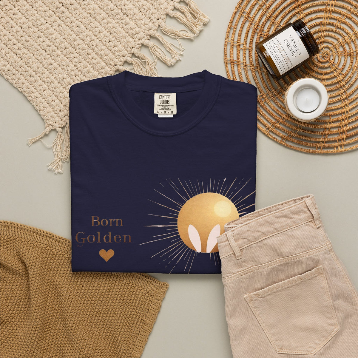 JK Born Golden Tee — Minimal Sun Badge Graphic T-Shirt