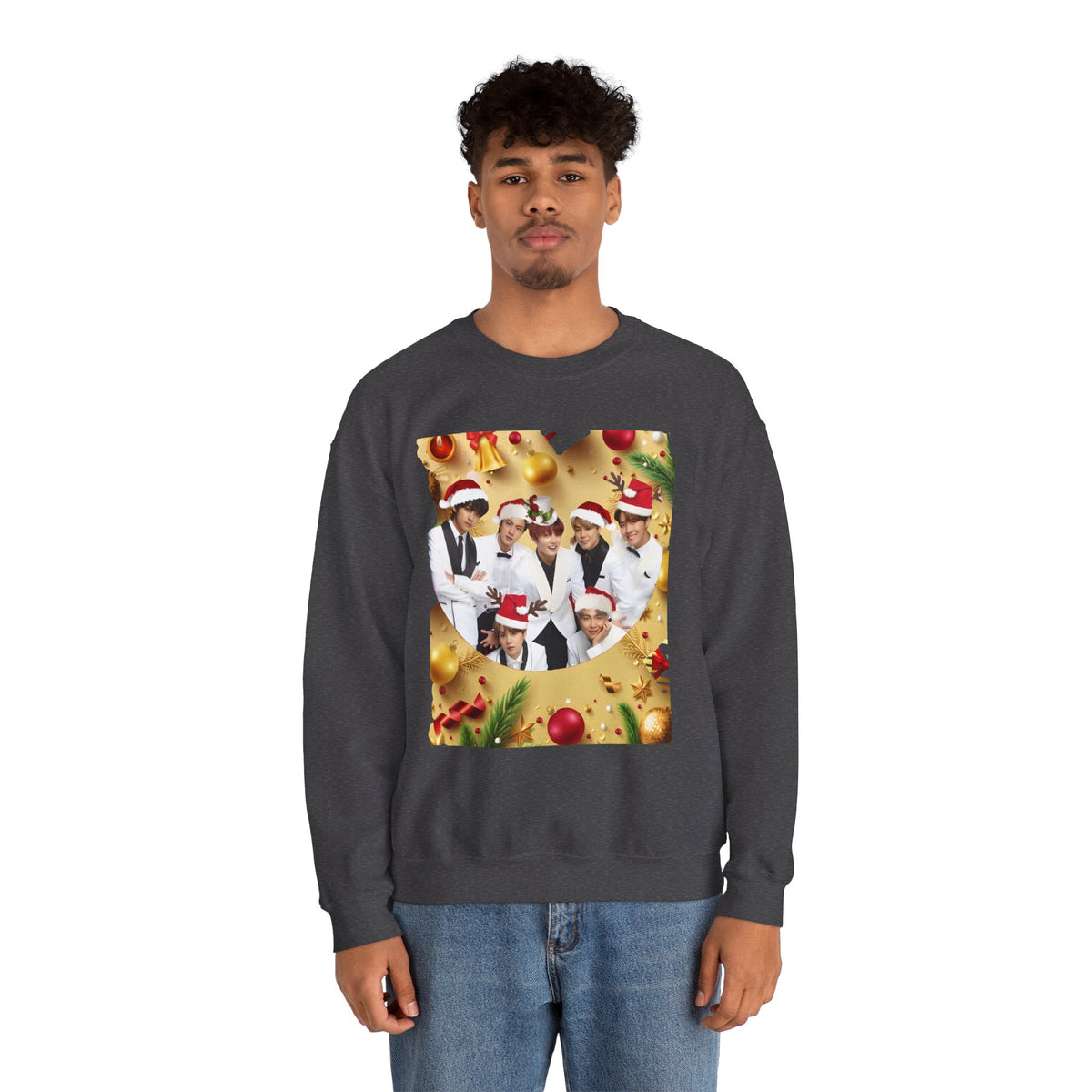 BTS Group Holiday Crewneck Sweatshirt — Festive Santa Hats Photo Design