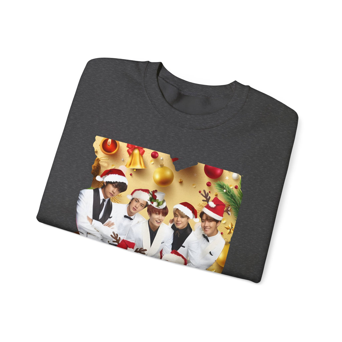 BTS Group Holiday Crewneck Sweatshirt — Festive Santa Hats Photo Design