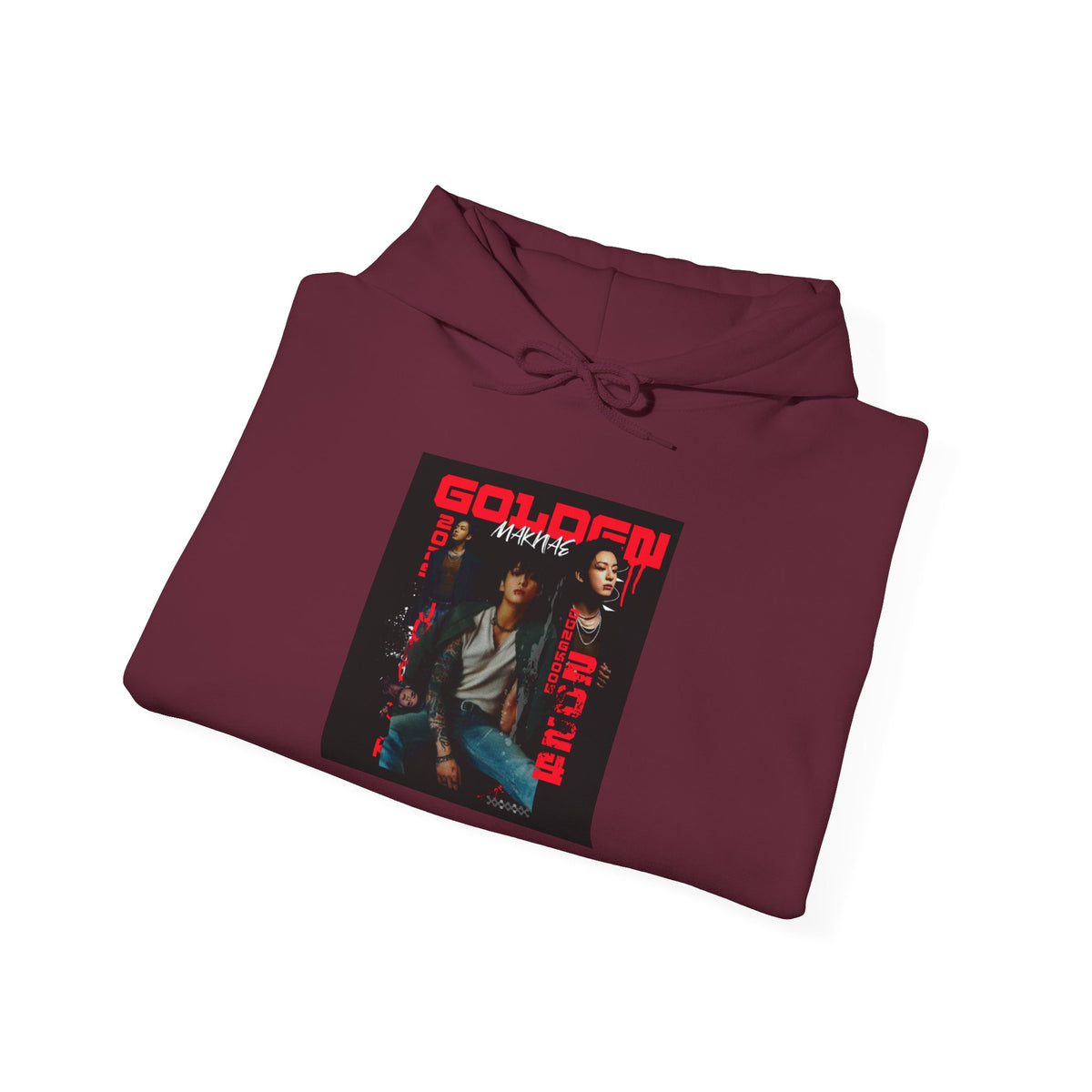 JK Hoodie - 'GOLDEN MAKNAE' Portrait Graphic Hoodie (Red Noir Band Art)
