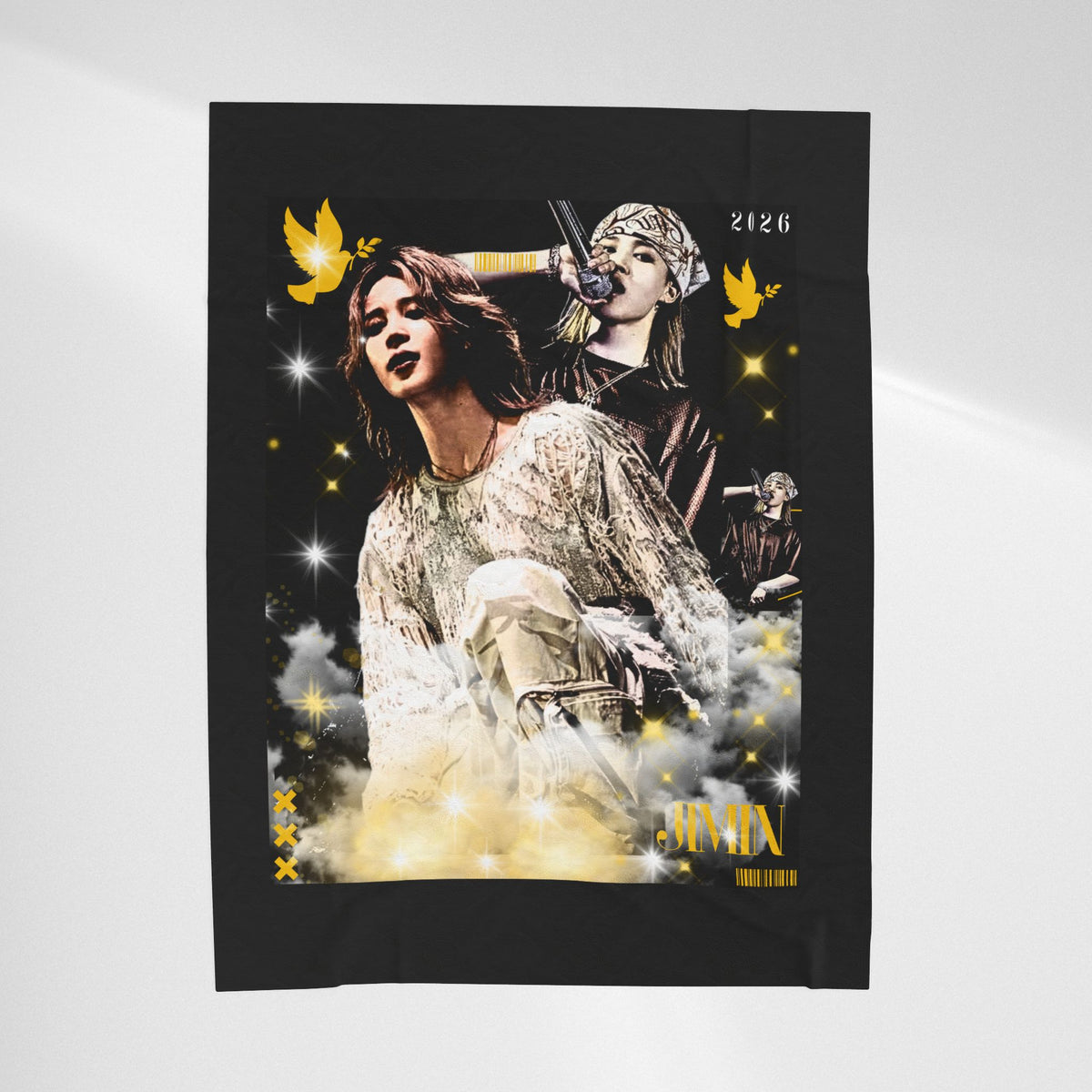 Jimin Velveteen Plush Blanket — Vintage Concert Collage Throw (Singer Portrait)