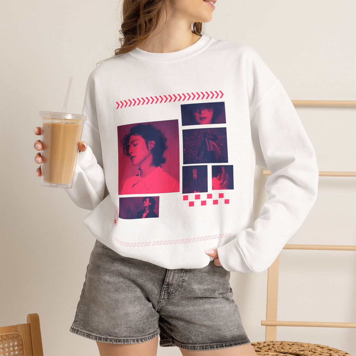 Suga Retro Photo Collage Sweatshirt — Pink Neon Portrait Crewneck