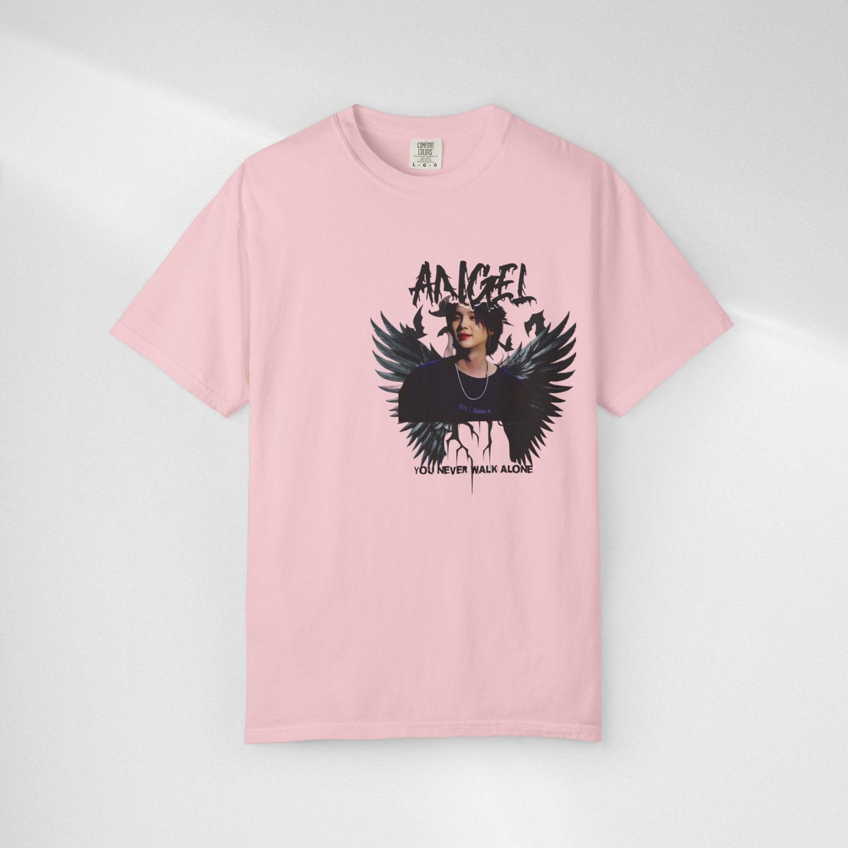 Angel Wings Graphic T-Shirt — 'Angel' Photo Tee with Dark Wing Illustration